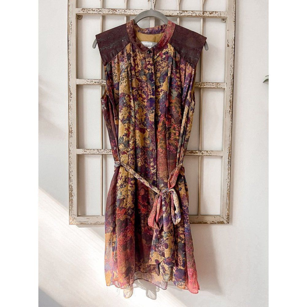 Hunter Bell Floral Chiffon Shirt Dress Leather Patchwork Mini
